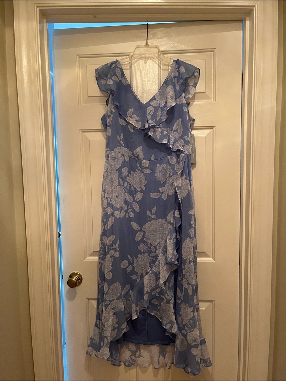 London Times Dusty Blue Floral Ruffle Wrap Midi Dress